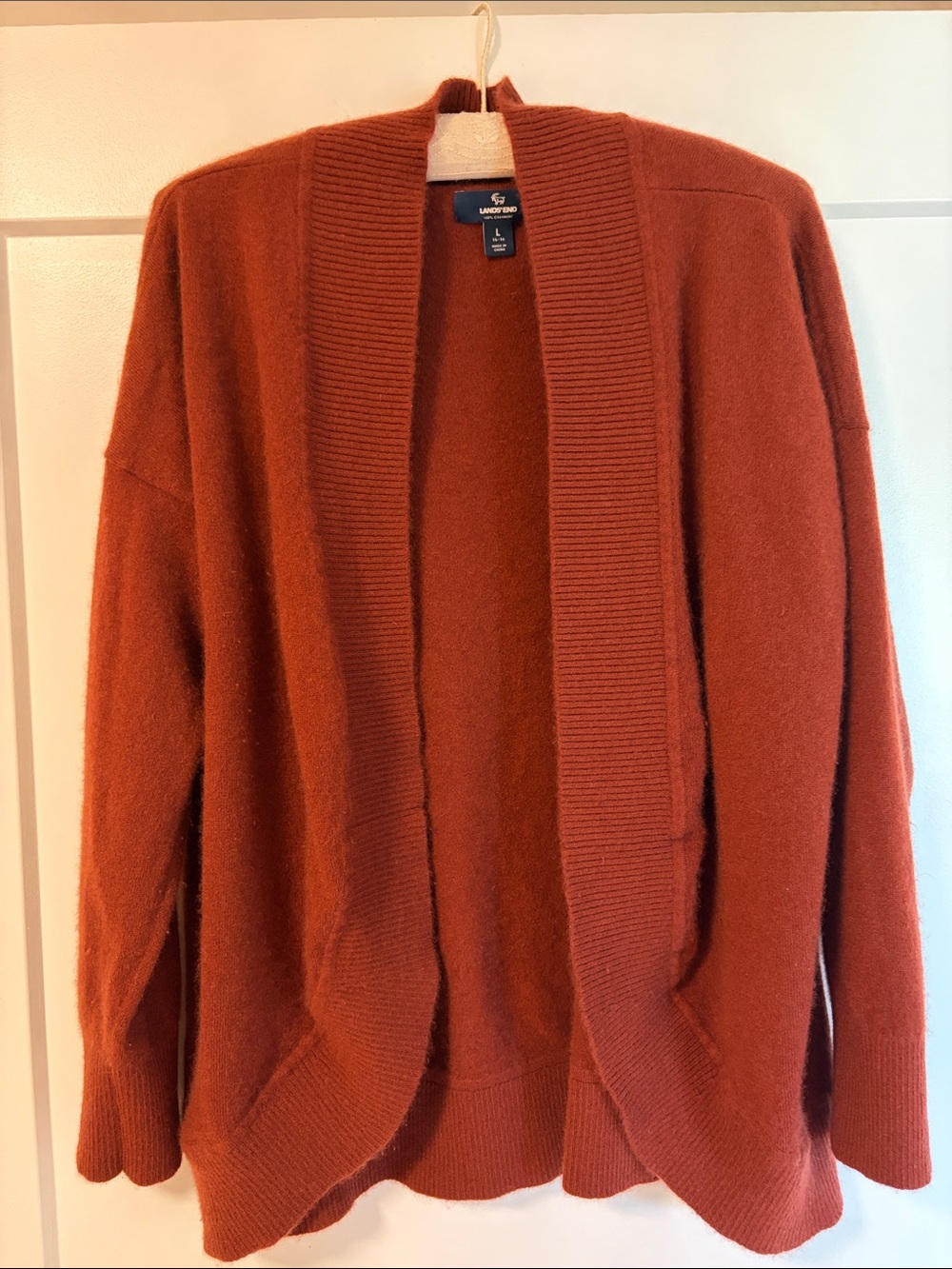 Lands' End cashmere Open-Front Rust-Orange Cardigan. Shawl collar